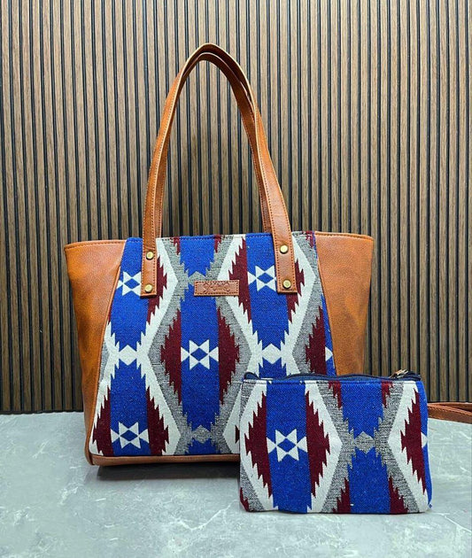 Blue & Burgundy Print Y-Uniq Tote & Clutch Bag